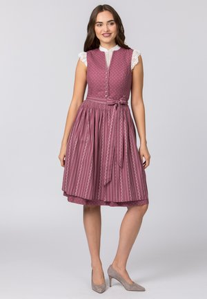 Mauve Kleid mit einer taillierten Corsage, Spitzenkapellenschößen, Knopfverschluss und einem ausgestellten Rock mit einem dekorativen Muster sowie einer Schleife an der Taille.