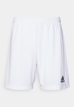 Hvide atletiske shorts med elastisk talje, lavet af et glat stof. Har et sort Adidas-logo på den nederste venstre side.