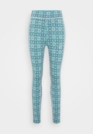 Aqua leggings featuring an intricate diamond and floral pattern, crafted from stretch fabric with an elastic waistband for comfort.