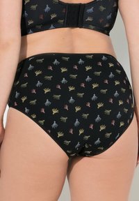 Zwarte onderbroek met een meerkleurig koraalpatroon. Zacht stof, hooggesneden ontwerp zonder zichtbare naden, biedt volledige bedekking.
