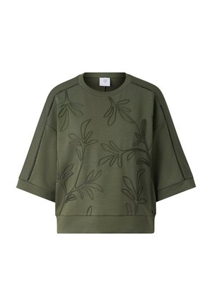 Olive green short-sleeve sweatshirt with embroidered leafy vine pattern and open stitch detailing along the shoulders and sleeves.