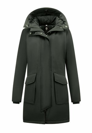 Zwarte lange winterjas met capuchon, ritssluiting aan de voorkant, drukknoopsluiting en twee grote klepzakken aan de voorkant.