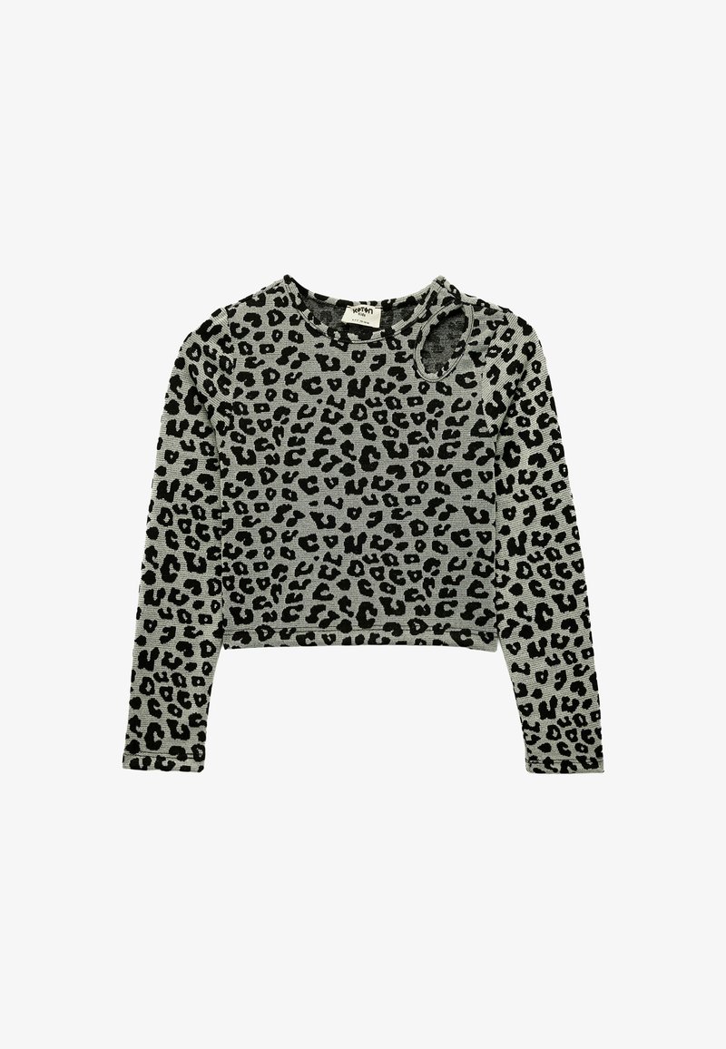 Top grigio a maniche lunghe e corte con stampa leopardata nera, caratterizzato da un collo a barca e un dettaglio a taglio sulla spalla sinistra. Tessuto morbido.