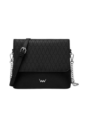 Black crossbody bag with textured flap, silver chain detail, adjustable strap, and small silver logo on front center.