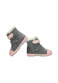 Grijze suède laarzen met een neppelsenvoering, roze accenten en twee klittenbandsluitingen. Heeft een getextureerde buitenzool voor grip.