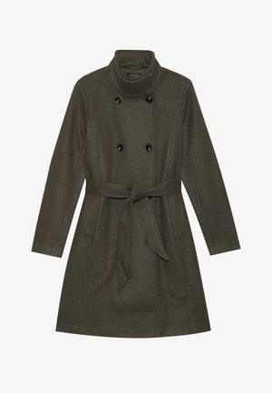 Olive green wool coat with a double-breasted design, large black buttons, a high collar, and a matching belt at the waist.
