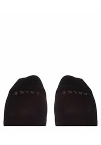Schwarze Baumwollsöckchen mit einem geschwungenen Design. Das Wort "FALKE" ist in Grau an der Oberseite jeder Socke aufgedruckt.
