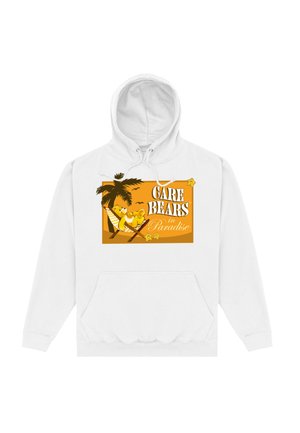 Biała bluza z kapturem z kolorową grafiką "Care Bears in Paradise" z palmami i hamakiem, na pomarańczowym tle.