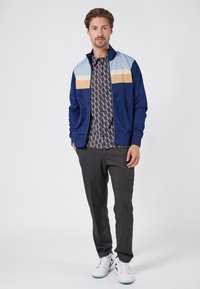 Navy zip-up jacket with light blue, beige, and blue horizontal stripes on the chest, paired with a patterned shirt and gray pants.