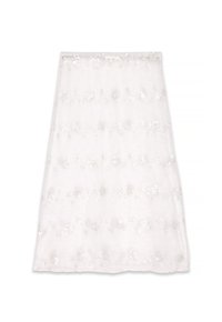 Vit kjol med blommönster och paljetter. Genomskinligt material ger en lätt känsla, med rak fåll och elastisk midja.