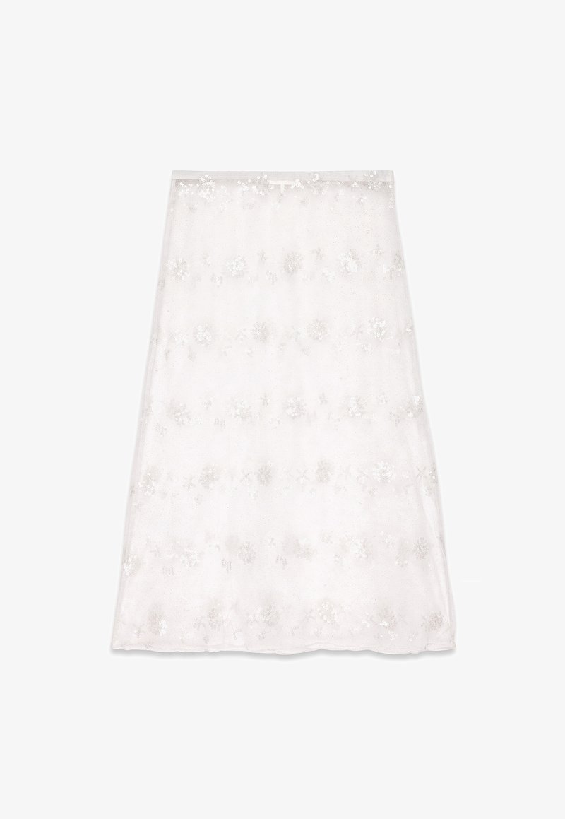 Jupe blanche ornée de motifs floraux avec des sequins. Le matériau transparent offre une texture légère, avec un ourlet droit et une taille élastique.
