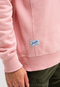 Lichtroze sweatshirt met ribgebreide boorden en zoom, met een blauw-witte label met tekst in de linkerbenedenhoek. Glad textuur, casual ontwerp.