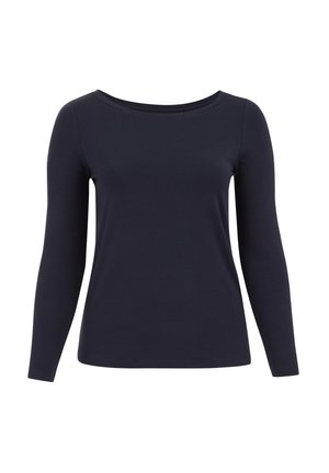 Mørkeblå langærmet top med bred scoop-halsudskæring, lavet af et glat stof. Tæt siddende design med sømløse skuldre og enkel kant.