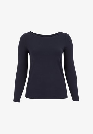 Temna mornarsko modra bluza z dolgimi rokavi in širokim okroglim izrezom, izdelana iz gladkega materiala. Prilegajoča zasnova z brezšivnimi rameni in preprosto obrobo.