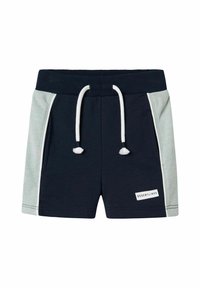 Pantaloni shorts blu navy scuro con pannelli laterali verde chiaro, vita elastica, cordoncino bianco e una piccola etichetta bianca che riporta la scritta "DESERT LINES".