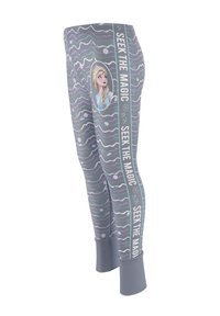 Leggings grigi con un grafiche di Elsa, con un motivo ondulato in colori pastello e la scritta "CERCA LA MAGIA" lungo il lato.