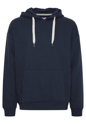 Navyblauwe hoodie, katoenmix stof, voorzak, verstelbare crèmekleurige trekkoorden, ribgebreide manchetten en onderrand, subtiele logodetail.