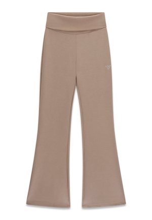 Pantalon beige à jambes larges avec une taille haute et un petit logo triangulaire sur la cuisse droite.