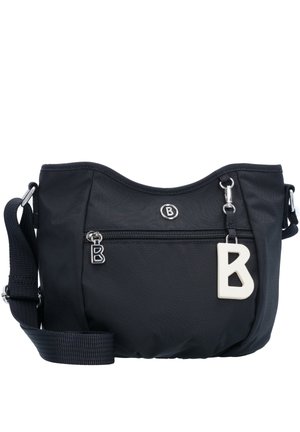 Sac bandoulière noir avec sangle réglable, poche zippée à l'avant, tirette de fermeture éclair en métal avec logo B, et grand porte-clés blanc en forme de B suspendu à un crochet.