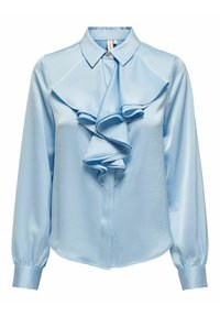 Blusa a maniche lunghe azzurro chiaro con un ampio design a volant lungo la parte anteriore, colletto e chiusura con bottoni. Texture liscia e setosa.