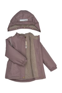 Lillasest veekindel jakk eemaldatava kapuutsiga, fleece voodriga, nupuvajutustega, elastsete mansettide ja peegeldavate aktsentidega.