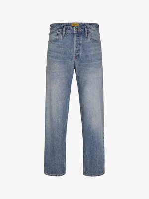 Jeans droits en denim bleu clair, avec un lavage décoloré, un design à cinq poches, des passants de ceinture, et une fermeture à glissière avec bouton.