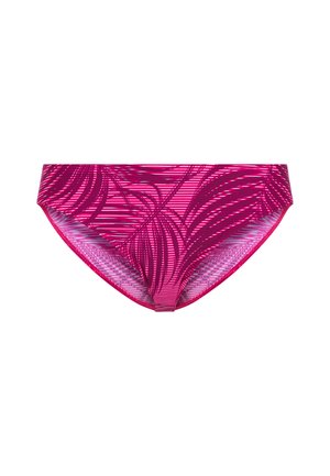 Rosa Bikinihose mit einem Blättermuster, die diagonale Streifen in verschiedenen Rosatönen und Rottönen aufweist. Weicher, glatter Stoff mit elastischen Kanten.