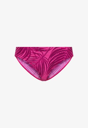 Parte inferiore di bikini rosa con un motivo a foglia, caratterizzata da righe diagonali in diverse sfumature di rosa e rosso. Tessuto morbido e liscio con bordi elastici.