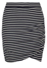 Paskowana mini spódnica w kolorze granatowym i kremowym, z marszczonym wzorem i elastycznym paskiem w talii. Wykonana z miękkiego, elastycznego materiału zapewniającego komfort.