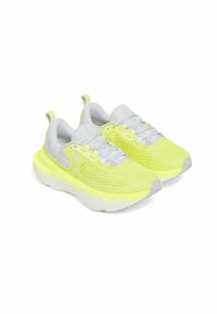 Leichte Athletikschuhe in Neon-Gelb mit grauen Akzenten. Obermaterial aus Mesh, gepolsterte Zunge und dicke weiße Sohle für Dämpfung.