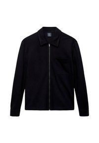 Black zip-up jacket with a collar, long sleeves, and a left chest pocket. Made of a smooth, textured fabric.