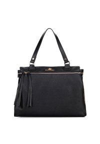 Borsa a tracolla in pelle nera con finitura testurizzata, dotata di apertura con zip, manici doppi e frange decorative su un lato.