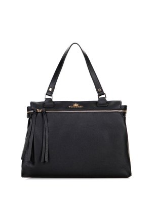 Borsa a tracolla in pelle nera con finitura testurizzata, dotata di apertura con zip, manici doppi e frange decorative su un lato.