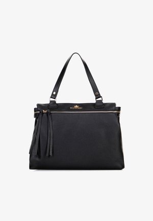 Schwarze Leder-Tote-Tasche mit strukturierter Oberfläche, ausgestattet mit einem Reißverschluss oben, zwei Tragegriffen und dekorativem Fransenbesatz auf einer Seite.