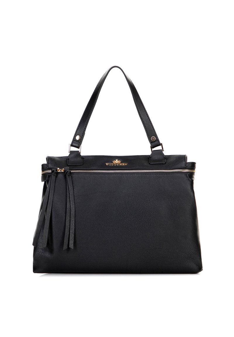 Borsa a tracolla in pelle nera con finitura testurizzata, dotata di apertura con zip, manici doppi e frange decorative su un lato.