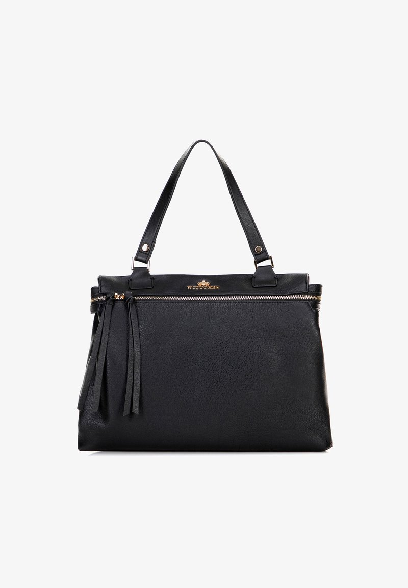 Borsa a tracolla in pelle nera con finitura testurizzata, dotata di apertura con zip, manici doppi e frange decorative su un lato.