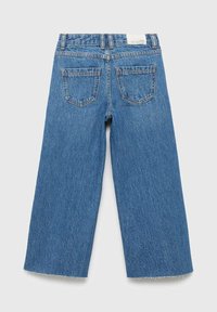 Light blue wide-leg jeans with a raw hem, made from denim, featuring two back pockets and a branded tag at the waist.