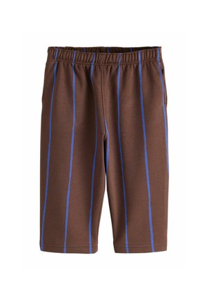 Braune knielange Shorts mit elastischem Bund und vertikal angeordneten blauen Streifen, die gleichmäßig über den Stoff verteilt sind.