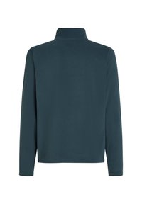 Veste en polaire bleu sarcelle foncé à manches longues avec un col montant, vue de dos sur fond blanc.