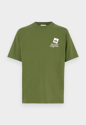 Olive green cotton T-shirt with a crew neckline and short sleeves. Features a white graphic on the left chest reading "the new originals."