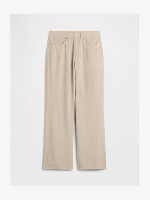 Pantaloni cord cu talie late bej, cu buzunare frontale, bucle pentru curea și închidere prin nasture metalic.