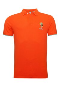 Orange polo skjorta i bomull, med knappad krage, korta ärmar med turkosa detaljer och en broderad logga på bröstet.