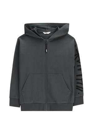 Ciemnoszara bluza z zamkiem, z przednimi kieszeniami, długimi rękawami i czarnym stylizowanym napisem na prawym rękawie.