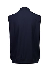 Dunkel marineblaues ärmelloses Weste mit einem gerippten Kragen und Saum, von hinten auf weißem Hintergrund dargestellt.