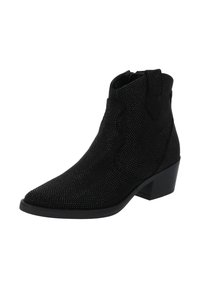 Schwarze Wildleder-Stiefeletten mit niedrigem, gestapeltem Absatz und dezentem Perforationsdesign, spitz zulaufender Zehenpartie und Zuglasche an der Seite.