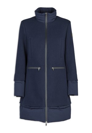 Marineblauer Mantel mit hohem Kragen, aus Wollmischung und gepolstertem Unterteil. Verfügt über zwei Reißverschlusstaschen und eine glatte Stoffoberfläche.