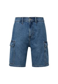 Denim cargo shorts in mid-blauw, met twee zijzakken, een klassieke tailleband en gestikte details langs de zoom en zakken.
