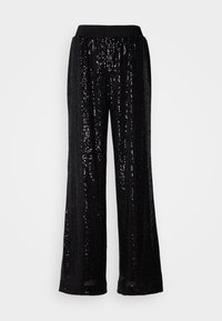 Pantalon noir à jambes larges recouvert de sequins brillants avec une ceinture élastique côtelée, présenté sur un fond blanc uni.