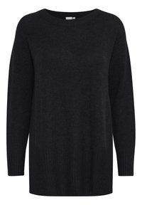 Czarny sweter z okrągłym dekoltem i długimi rękawami. Wykonany z miękkiego, teksturowanego materiału z prążkowanymi wykończeniami u dołu i przy mankietach.