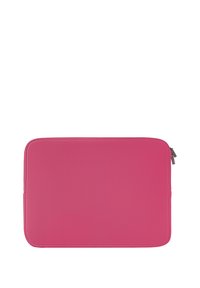 Rosa neopren laptop sleeve, rektangulær form, glat tekstur, lynlås lukning og afrundede hjørner. Minimalistisk design uden mønstre.